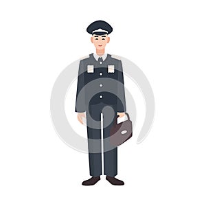 Smiling soldier, military or armed force servant wearing formal uniform, cap and holding briefcase. Male cartoon