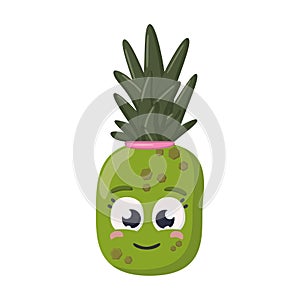 Smiling sport pineapple happy open minded cartoon character female isolated on white background