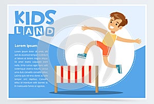 Smiling sportive boy jumping hurdle, kids land banner flat vector element for website or mobile app