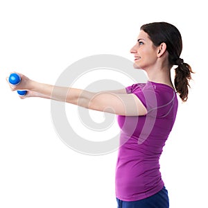 Smiling sporty woman in violet T-short over white isolated background