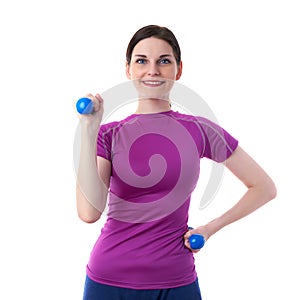 Smiling sporty woman in violet T-short over white isolated background