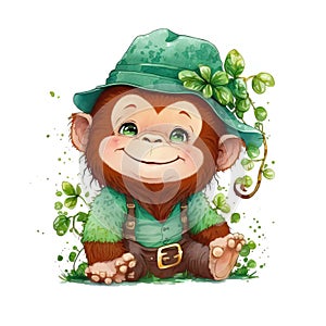 Smiling St. Patrick\'s baby orangutang in a green leprechaun costume with shamrock. Watercolor cartoon.