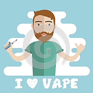 Smiling standing bearded hipster man holding vape or vaporizer and vaping with steam cloud around. Middle aged vaper