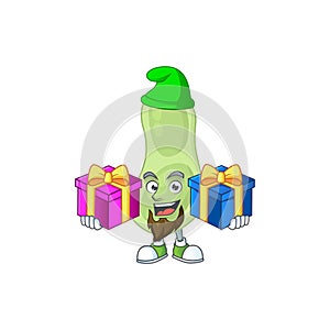 A smiling staphylococcus pneumoniae cartoon design having Christmas gifts
