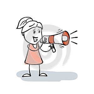 Smiling Stick Woman cartoon character yelling using megaphone. Stick figure drawing girl or business woman shouting or screaming