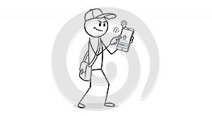 Smiling Stickman in Cap Using Smartphone with White Background