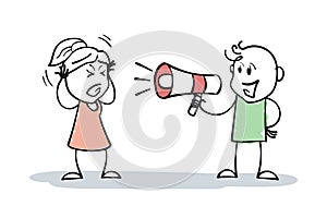 Smiling Stickman loud speak with woman or salesgirl using loudspeaker. Cartoon Stick Figure drawing business man or manager