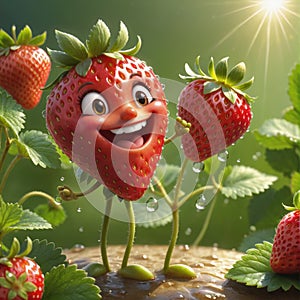 Smiling strawberry, abstract illustration of strawberry in drops of water