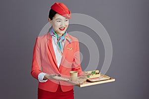 smiling stylish air hostess asian woman isolated on gray