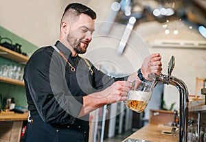 Smiling stylish bearded barman dressed black uniform with an apron tapping fresh lager beer into glass mug at bar counter.