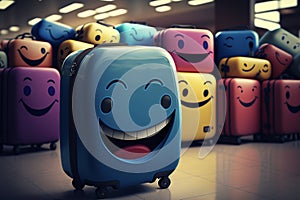 Smiling suitcases in airport. Concept for travel and vacation. Generative AI.