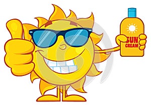 Smiling Summer Sun Cartoon Mascot Character Holding A Bottle Of Sun Block Cream Showing Thumb Up.