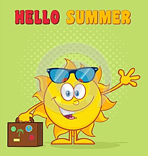 Smiling Summer Sun Cartoon Mascot Character With Sunglasses Carrying Luggage And Waving.