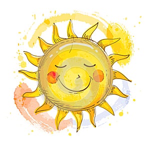 Smiling sun cartoon character cheerful expression watercolor style background splashes. Happy sun