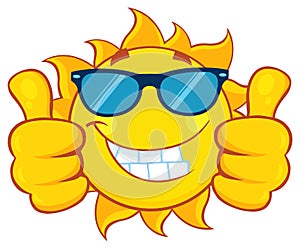 Smiling Sun Cartoon Mascot Character With Sunglasses Giving A Double Thumbs Up