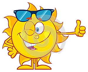 Smiling Sun Cartoon Mascot Character With Sunglasses Giving The Thumbs Up.