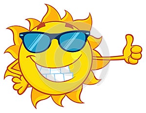 Smiling Sun Cartoon Mascot Character With Sunglasses Giving A Thumbs Up