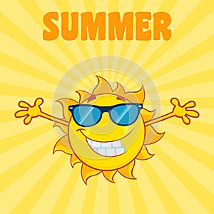 Smiling Sun Cartoon Mascot Character With Sunglasses And Open Arms