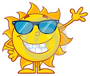 Smiling Sun Cartoon Mascot Character With Sunglasses Waving For Greeting.