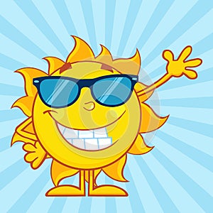 Smiling Sun Cartoon Mascot Character With Sunglasses Waving For Greeting