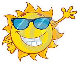 Smiling Sun Cartoon Mascot Character With Sunglasses Waving For Greeting