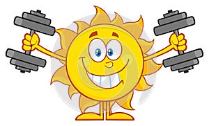 Smiling Sun Cartoon Mascot Character Working Out With Dumbbells