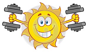 Smiling Sun Cartoon Mascot Character Working Out With Dumbbells
