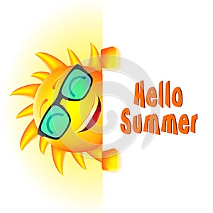 Smiling Sun Character with Hello Summer Text and White Space
