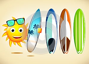 Smiling Sun Character Holding Sets of Surfboards