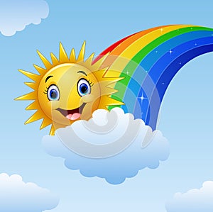 Smiling sun character near the rainbow and clouds