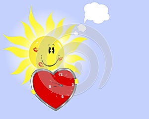 Smiling sun with clock in the shape of heart