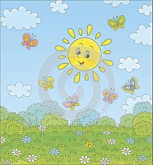 Smiling sun and colorful butterflies over a field