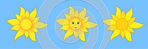 Smiling sun with face. Cute sunny flat vector illustrations