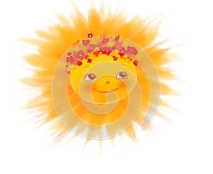 Smiling sun face with wreath of flowers