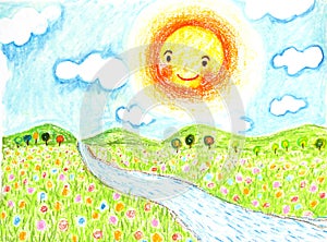 Smiling sun with flowers field and river oil pastel painted