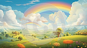 a smiling sun, fluffy clouds, and a rainbow over rolling hills.