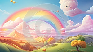 a smiling sun, fluffy clouds, and a rainbow over rolling hills.
