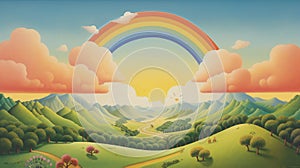 a smiling sun, fluffy clouds, and a rainbow over rolling hills.