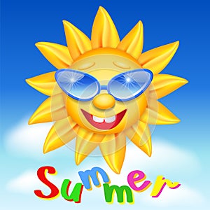 Smiling sun in glasses on blue sky with clouds background and inscription. Summer holiday concept