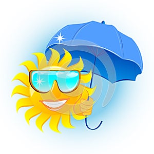 Smiling sun holding an umbrella