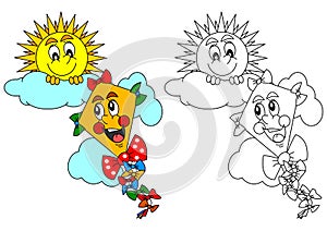 Smiling sun and the kite as a coloring for kids - illustration