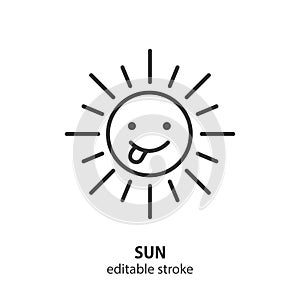 Smiling sun line icon. Summer vector symbol. Editable stroke