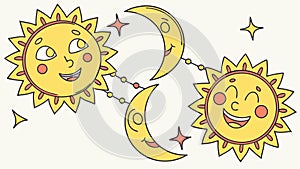 Smiling Sun and Moon Faces, Celestial Harmony, vector design Generative AI
