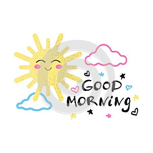 Smiling sun with pink cheeks in the clouds and the inscription Good morning, decorative elements, children`s decor