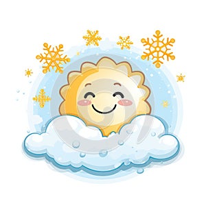 A smiling sun sitting on top of a cloud.