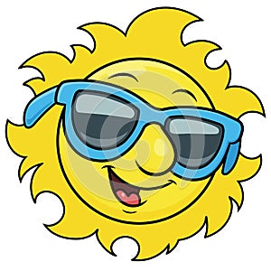 Smiling sun in sunglasses on white background