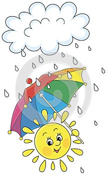 Smiling sun with an umbrella and a rain cloud