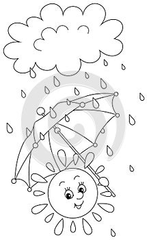 Smiling sun with an umbrella and a rain cloud