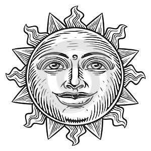 Smiling Sun in vintage engraving style. Sunny day, morning. Sketch vector illustration