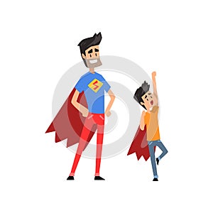 Smiling super hero dad and his son spending time together vector Illustration on a white background